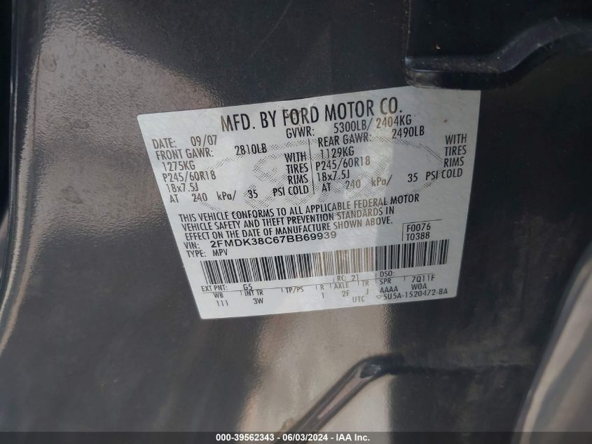 2007 Ford Edge Sel VIN: 2FMDK38C67BB69939 Lot: 39562343