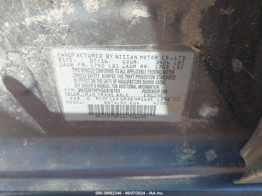 2016 Nissan Versa 1.6 Sv VIN: 3N1CN7AP1GL916124 Lot: 39562346