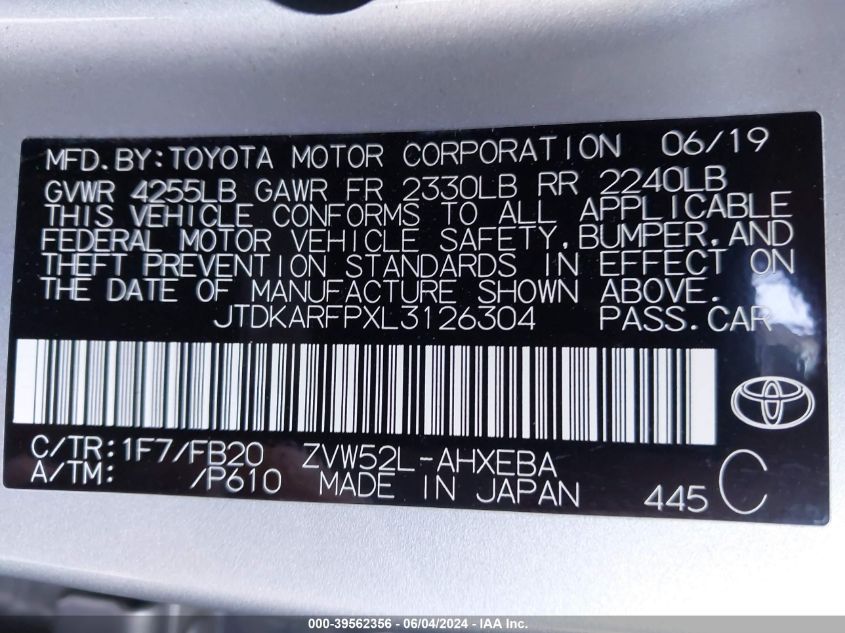 2020 Toyota Prius Prime Le VIN: JTDKARFPXL3126304 Lot: 39562356