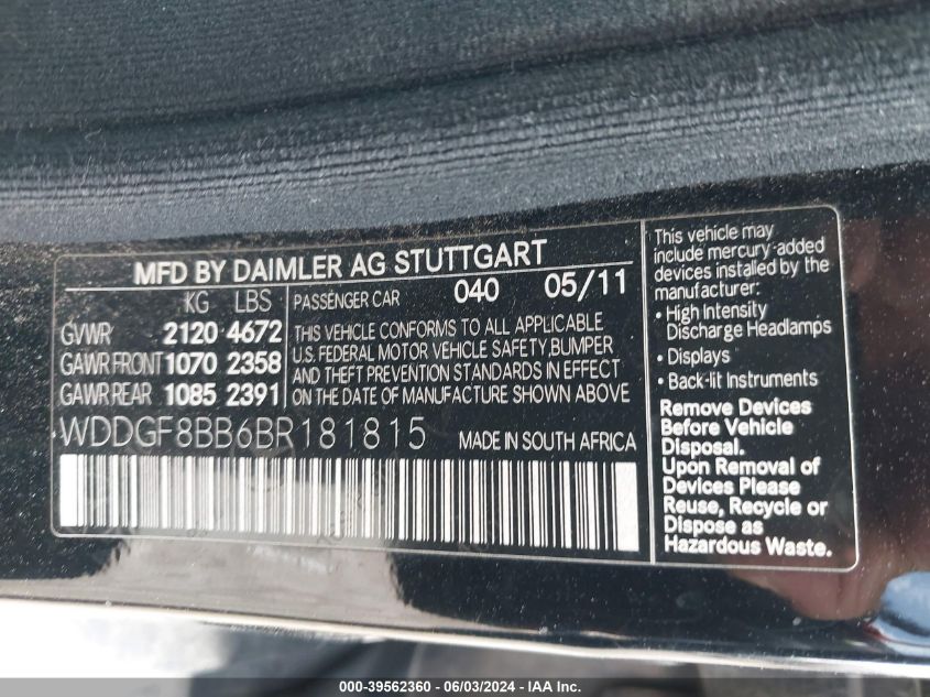 2011 Mercedes-Benz C 300 Luxury 4Matic/Sport 4Matic VIN: WDDGF8BB6BR181815 Lot: 39562360