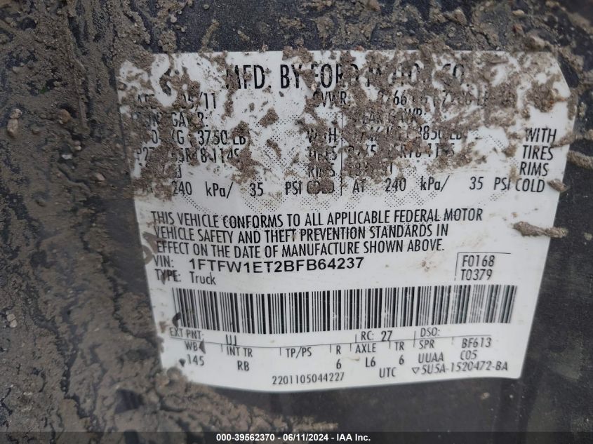 2011 Ford F150 Supercrew VIN: 1FTFW1ET2BFB64237 Lot: 39562370