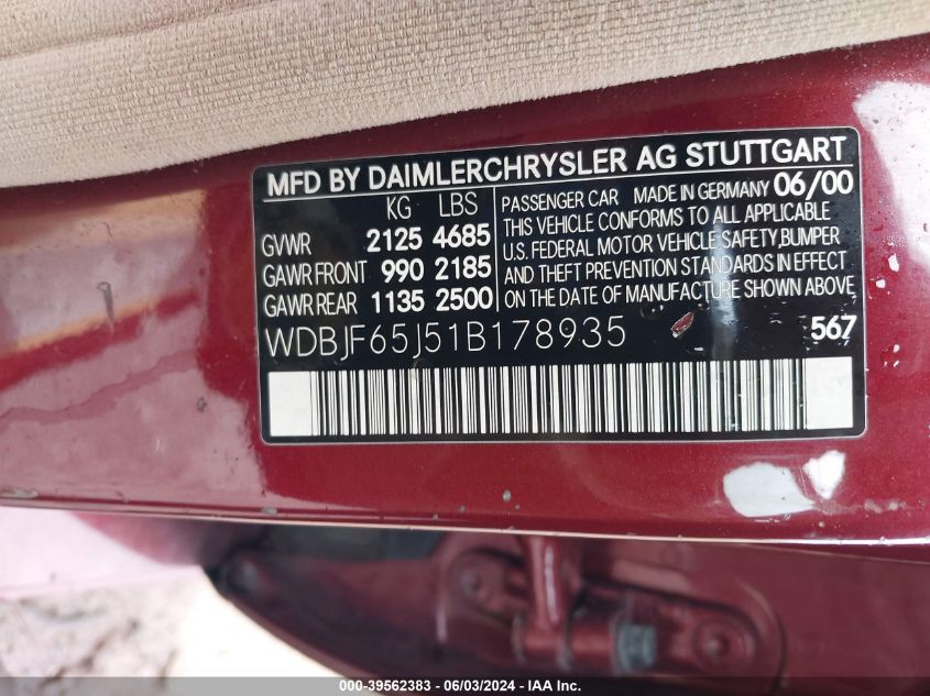 WDBJF65J51B178935 2001 Mercedes-Benz E 320