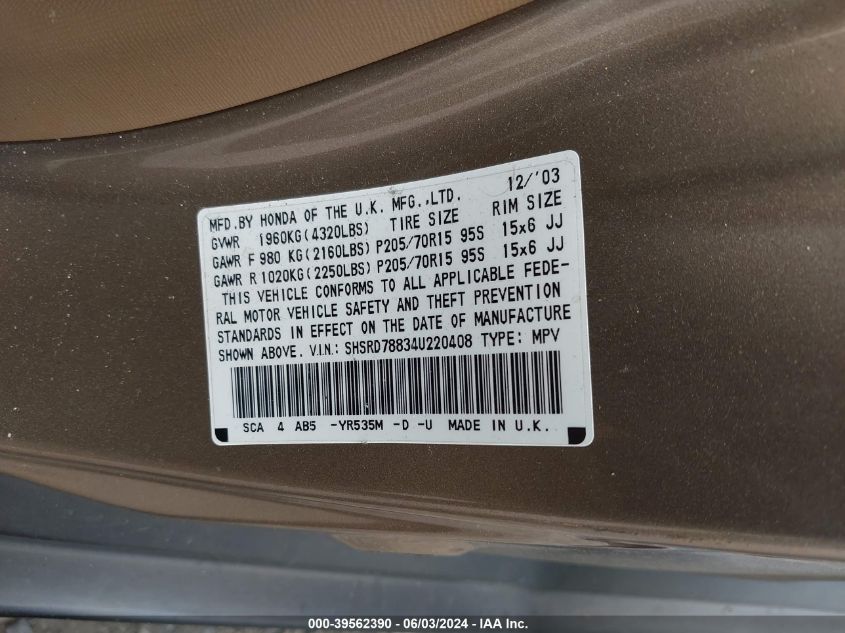 2004 Honda Cr-V Ex VIN: SHSRD788344220408 Lot: 39562390