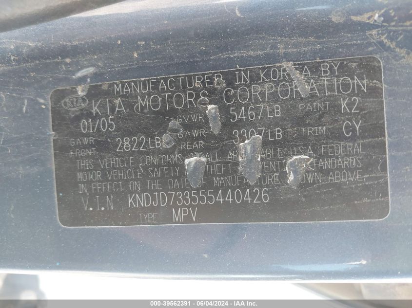 2005 Kia Sorento Ex/Lx VIN: KNDJD733555440426 Lot: 39562391