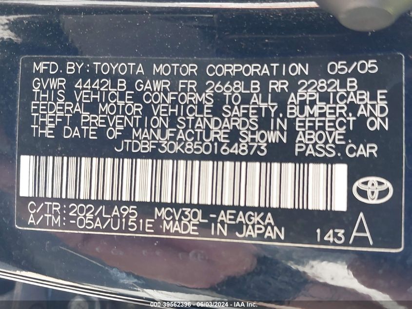 2005 Toyota Camry Xle V6 VIN: JTDBF30K850164873 Lot: 39562396