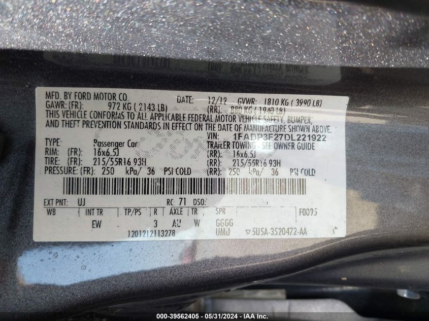 2013 Ford Focus Se VIN: 1FADP3F27DL221922 Lot: 39562405