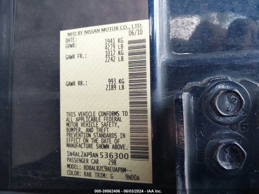 2010 Nissan Altima 2.5 S VIN: 1N4AL2AP9AN536300 Lot: 39562406