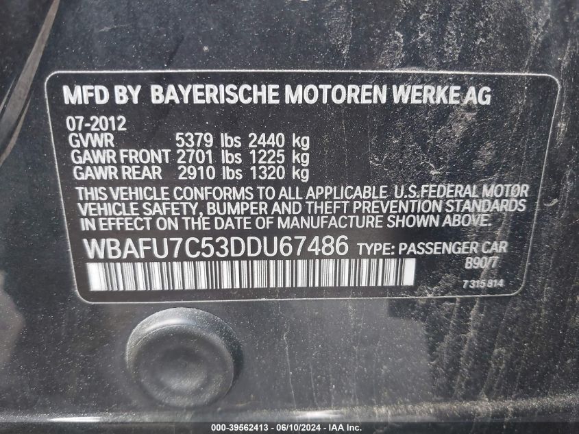 2013 BMW 535I xDrive VIN: WBAFU7C53DDU67486 Lot: 39562413
