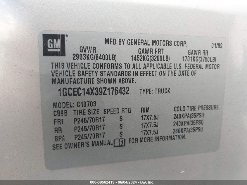 2009 Chevrolet Silverado 1500 Work Truck VIN: 1GCEC14X39Z176432 Lot: 39562419