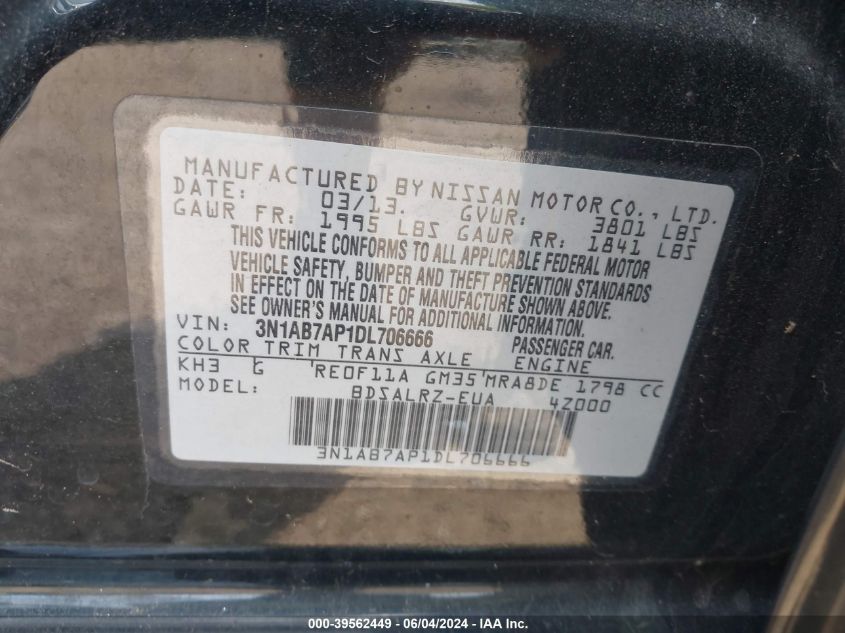 2013 Nissan Sentra Sr VIN: 3N1AB7AP1DL706666 Lot: 39562449