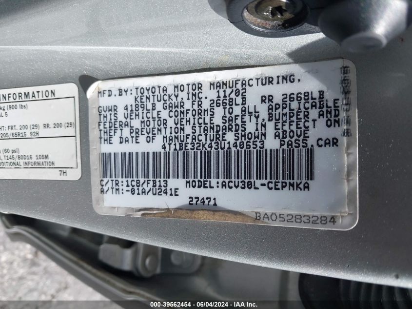 2003 Toyota Camry Le VIN: 4T1BE32K43U140653 Lot: 39562454