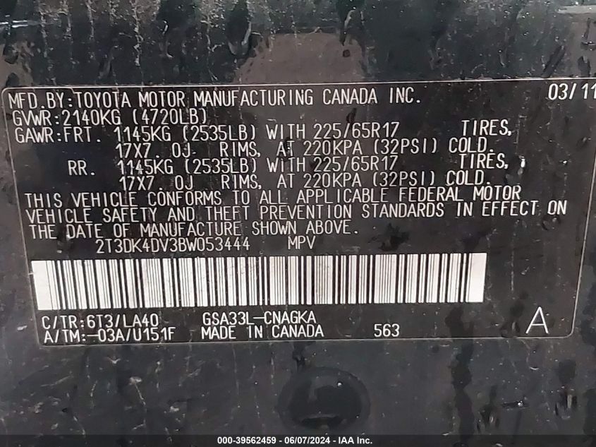 2011 Toyota Rav4 Limited V6 VIN: 2T3DK4DV3BW053444 Lot: 39562459