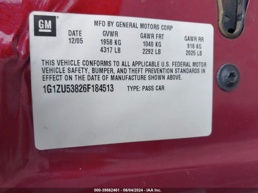 2006 Chevrolet Malibu Ltz VIN: 1G1ZU53826F184513 Lot: 39562461