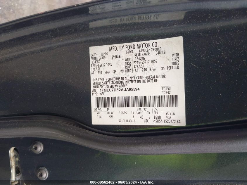 2010 Ford Explorer Xlt VIN: 1FMEU7DE2AUA95594 Lot: 39562462