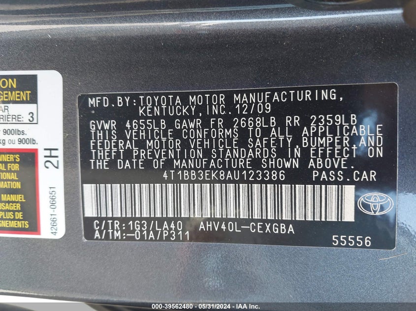 2010 Toyota Camry Hybrid VIN: 4T1BB3EK8AU123386 Lot: 39562480