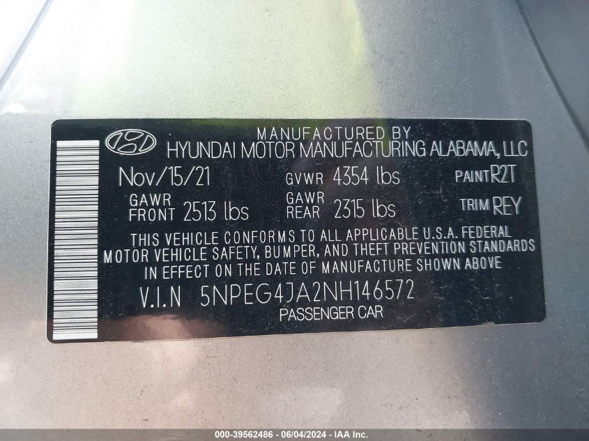 5NPEG4JA2NH146572 2022 Hyundai Sonata Se