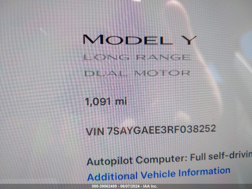 2024 Tesla Model Y Long Range Dual Motor All-Wheel Drive VIN: 7SAYGAEE3RF038252 Lot: 39562489