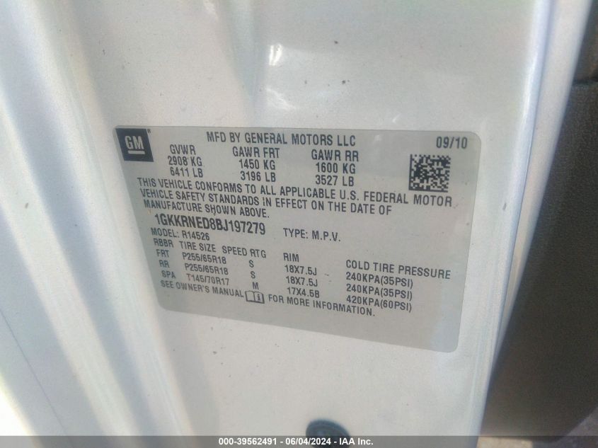 2011 GMC Acadia Sl VIN: 1GKKRNED8BJ197279 Lot: 39562491