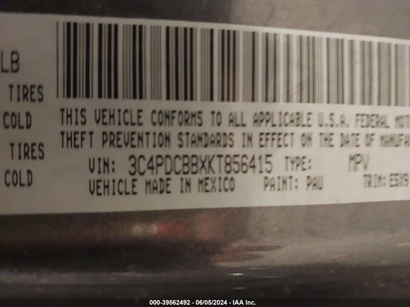 2019 Dodge Journey Se VIN: 3C4PDCBBXKT856415 Lot: 39562492