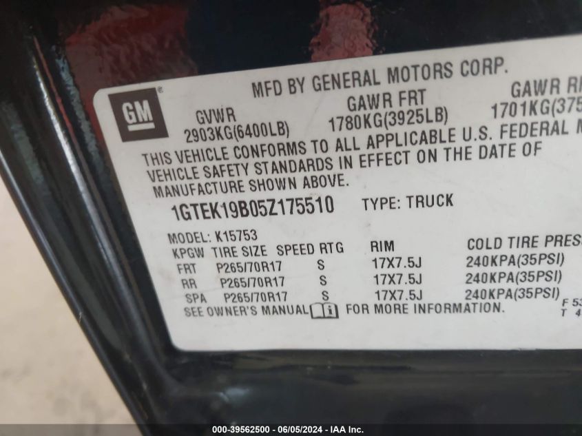 2005 GMC Sierra 1500 Sle VIN: 1GTEK19B05Z175510 Lot: 39562500