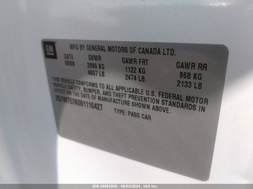 2009 Chevrolet Impala Lt VIN: 2G1WT57K091116427 Lot: 39562505