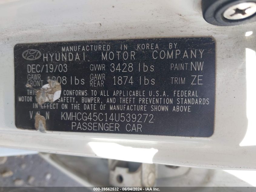 2004 Hyundai Accent Gl VIN: KMHCG45C14U539272 Lot: 39562532