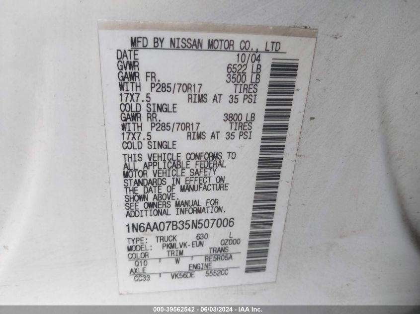2005 Nissan Titan Xe/Se/Le VIN: 1N6AA07B35N507006 Lot: 39562542