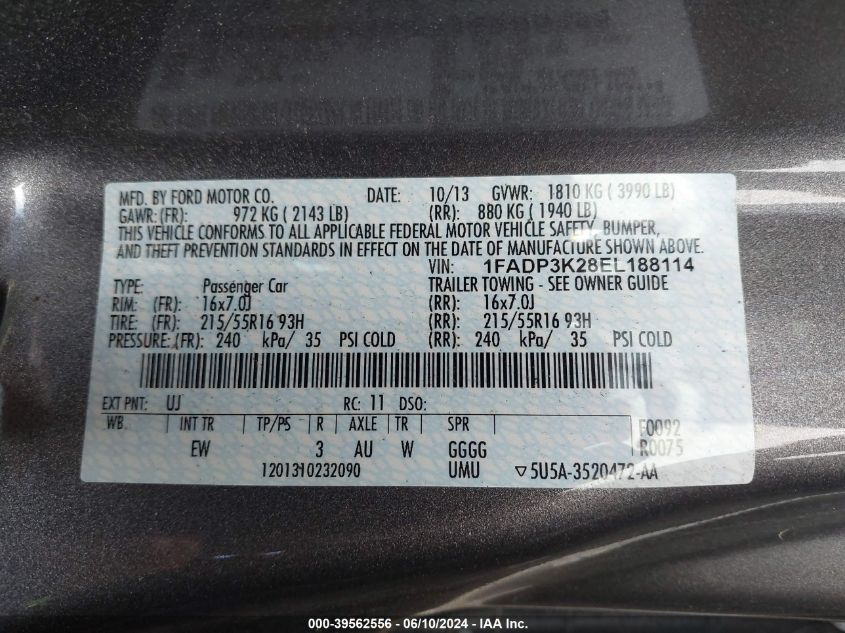 2014 Ford Focus Se VIN: 1FADP3K28EL188114 Lot: 39562556