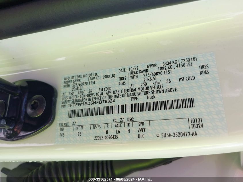 2022 Ford F-150 Platinum VIN: 1FTFW1ED6NFB76324 Lot: 39562571