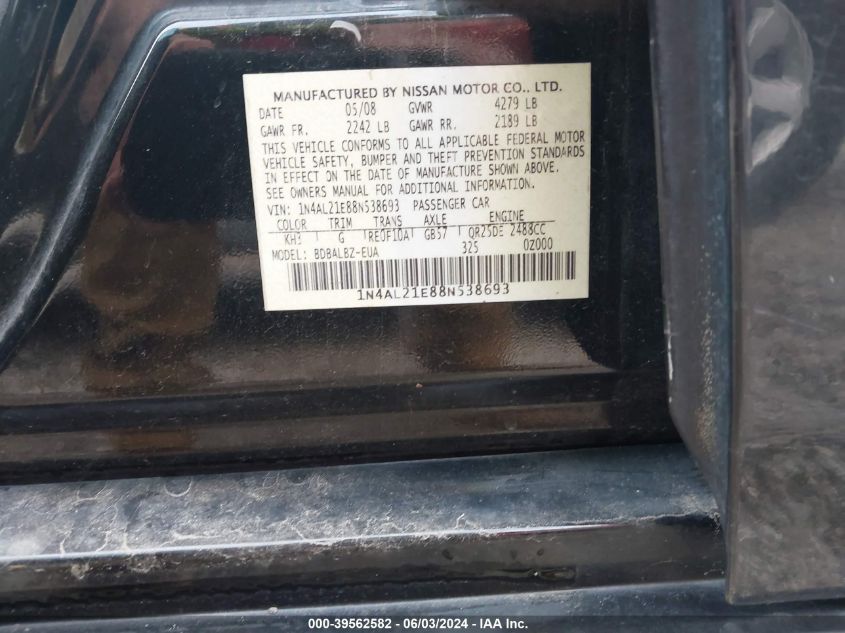 2008 Nissan Altima 2.5 S VIN: 1N4AL21E88N538693 Lot: 39562582