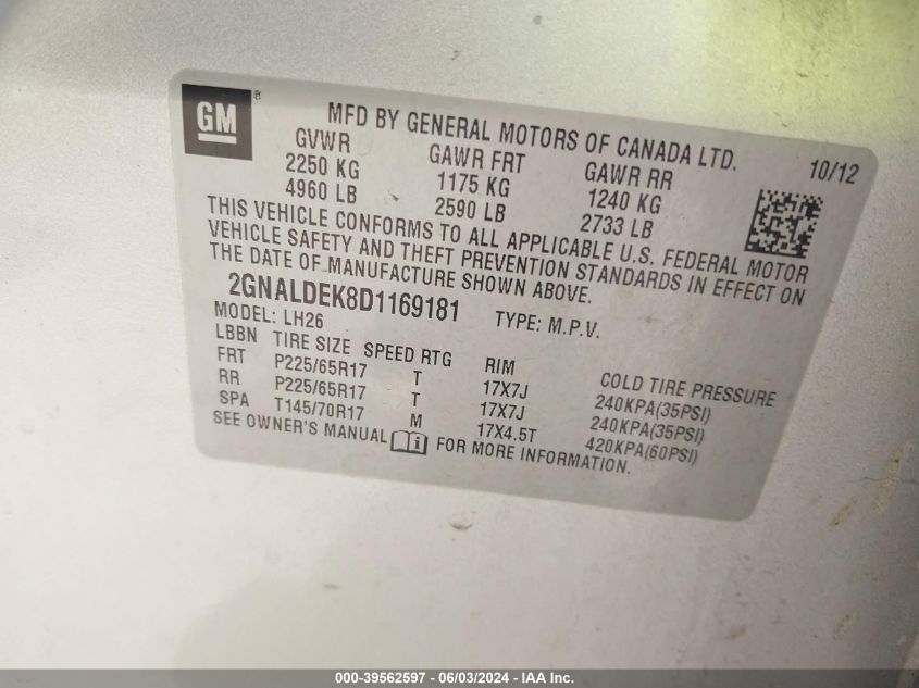 2013 Chevrolet Equinox 1Lt VIN: 2GNALDEK8D1169181 Lot: 39562597