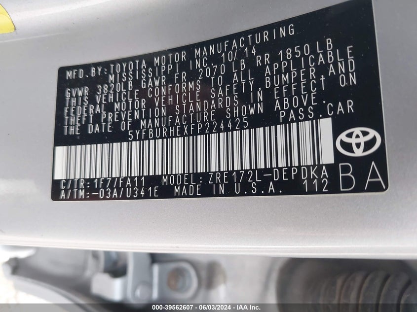 2015 Toyota Corolla L VIN: 5YFBURHEXFP224425 Lot: 39562607