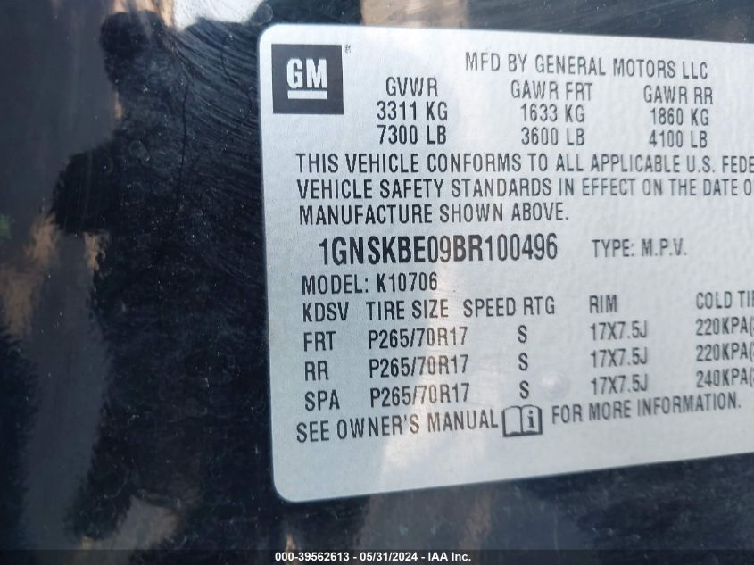 2011 Chevrolet Tahoe Lt VIN: 1GNSKBE09BR100496 Lot: 39562613