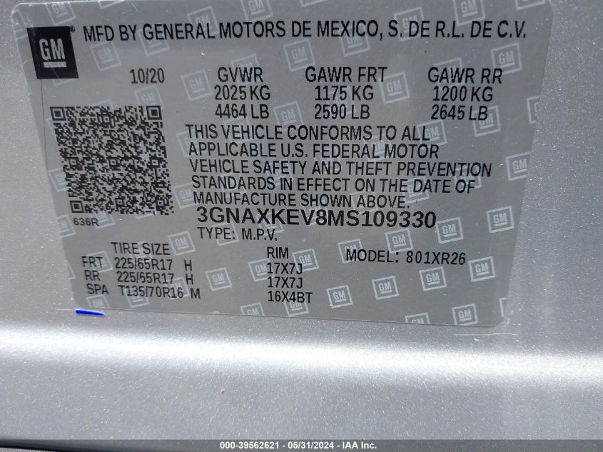 2021 Chevrolet Equinox Fwd Lt VIN: 3GNAXKEV8MS109330 Lot: 39562621