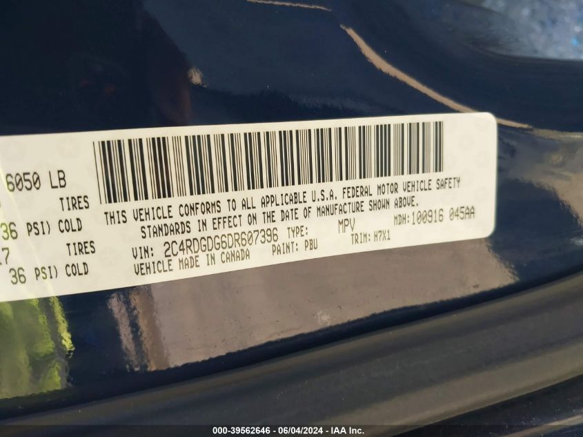 2013 Dodge Grand Caravan Crew VIN: 2C4RDGDG6DR607396 Lot: 39562646