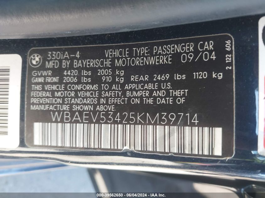 2005 BMW 330I VIN: WBAEV53425KM39714 Lot: 39562650