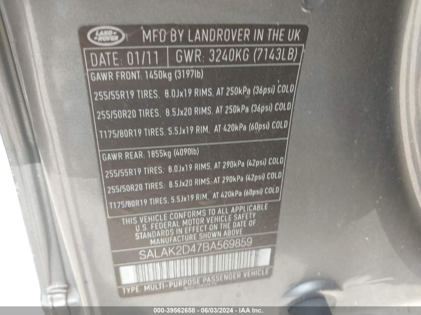 2011 Land Rover Lr4 Hse Luxury VIN: SALAK2D47BA569859 Lot: 39562658