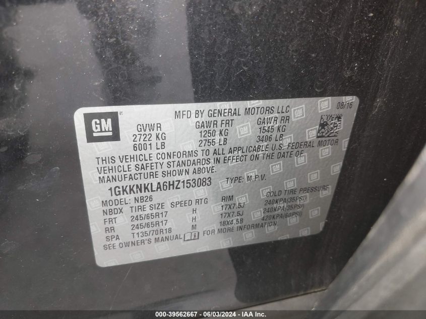 2017 GMC Acadia Sle-1 VIN: 1GKKNKLA6HZ153083 Lot: 39562667