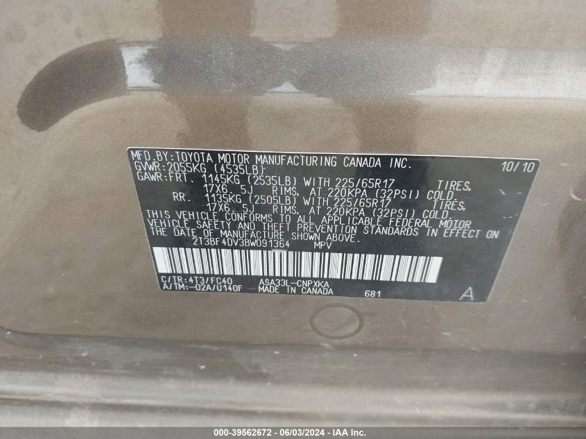 2011 Toyota Rav4 VIN: 2T3BF4DV3BW091364 Lot: 39562672