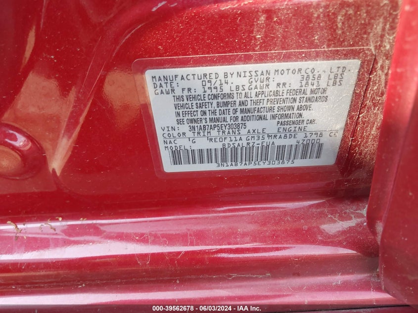 2014 Nissan Sentra Sr VIN: 3N1AB7AP5EY303875 Lot: 39562678