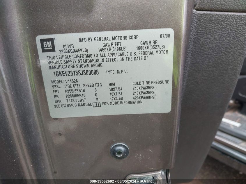 2008 GMC Acadia Slt-1 VIN: 1GKEV23758J300008 Lot: 39562682