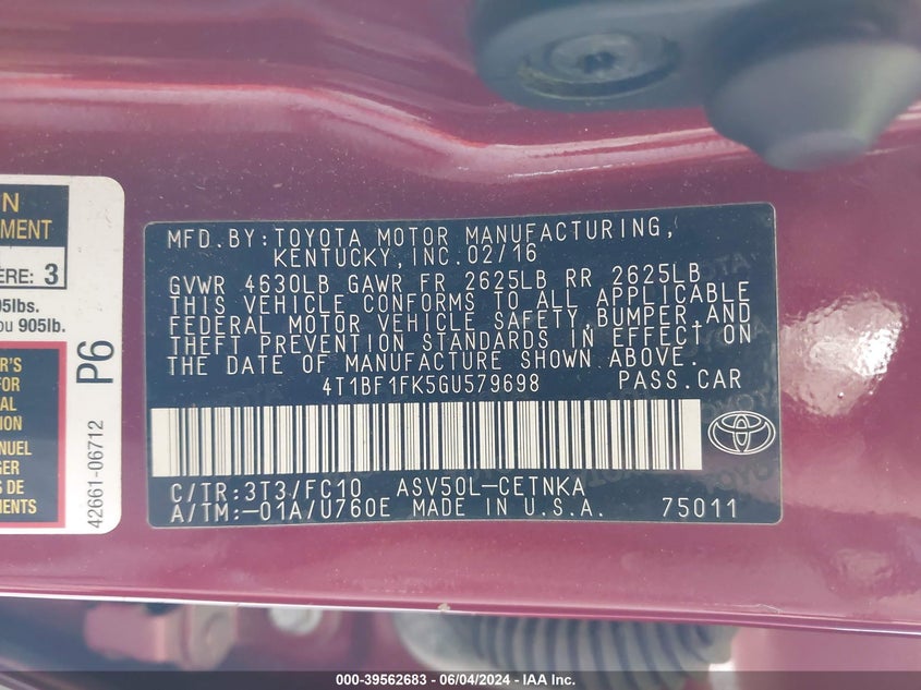 2016 Toyota Camry Le VIN: 4T1BF1FK5GU579698 Lot: 39562683