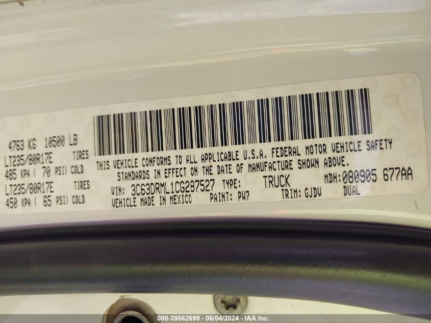 2012 Ram 3500 Laramie VIN: 3C63DRML1CG287527 Lot: 39562699