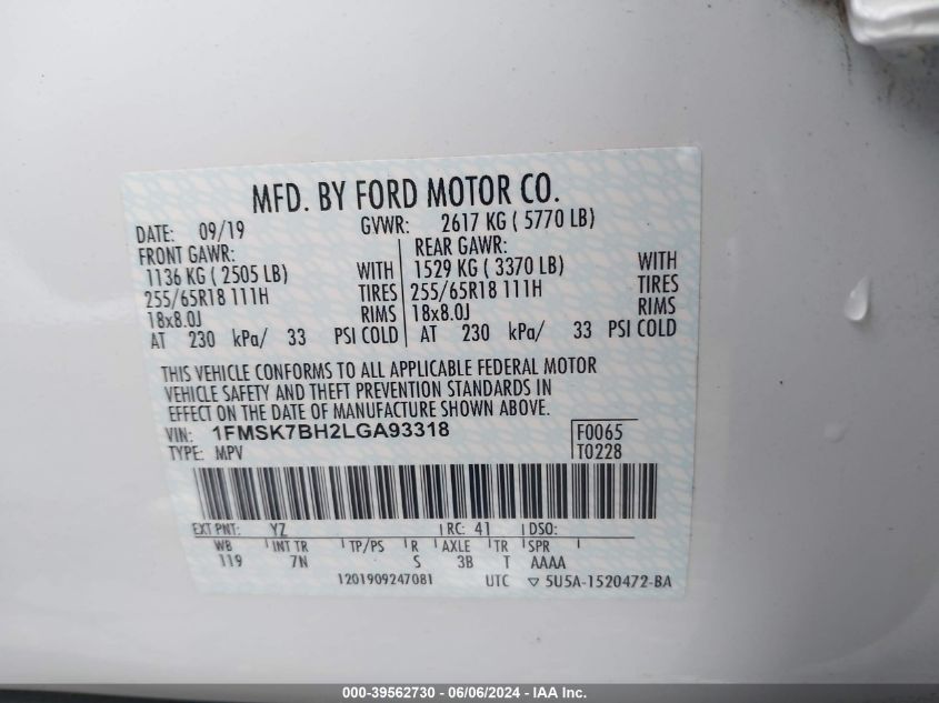 2020 Ford Explorer VIN: 1FMSK7BH2LGA93318 Lot: 39562730