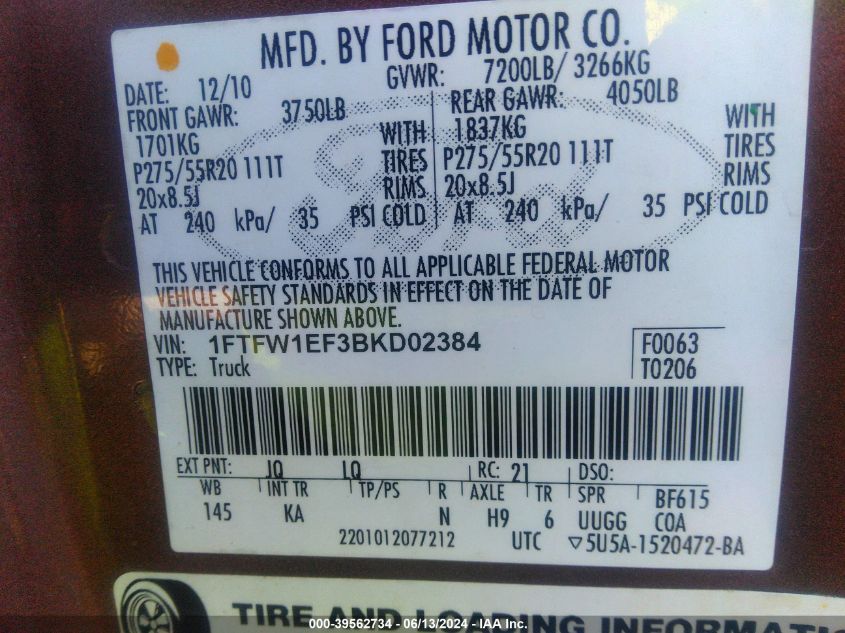 2011 Ford F-150 King Ranch VIN: 1FTFW1EF3BKD02384 Lot: 39562734