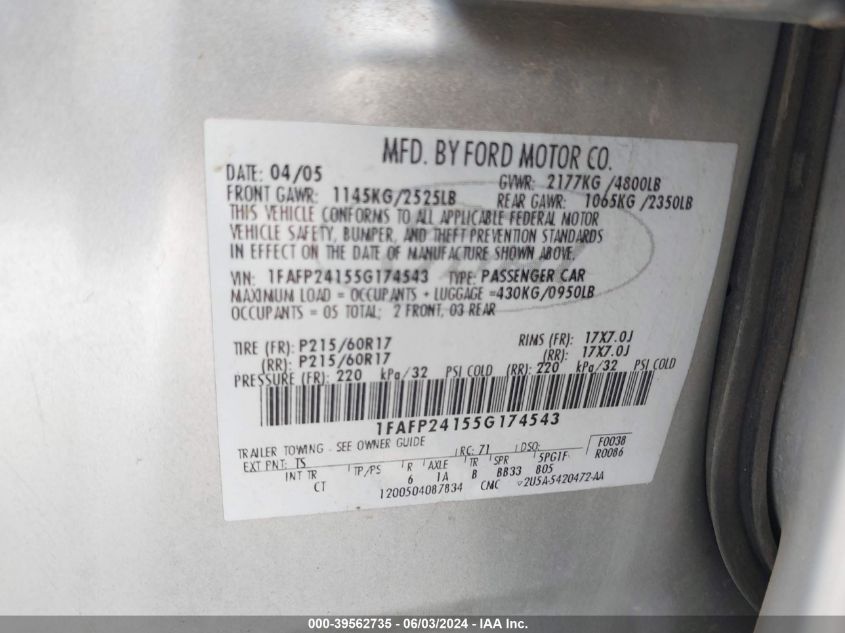 2005 Ford Five Hundred Sel VIN: 1FAFP24155G174543 Lot: 39562735