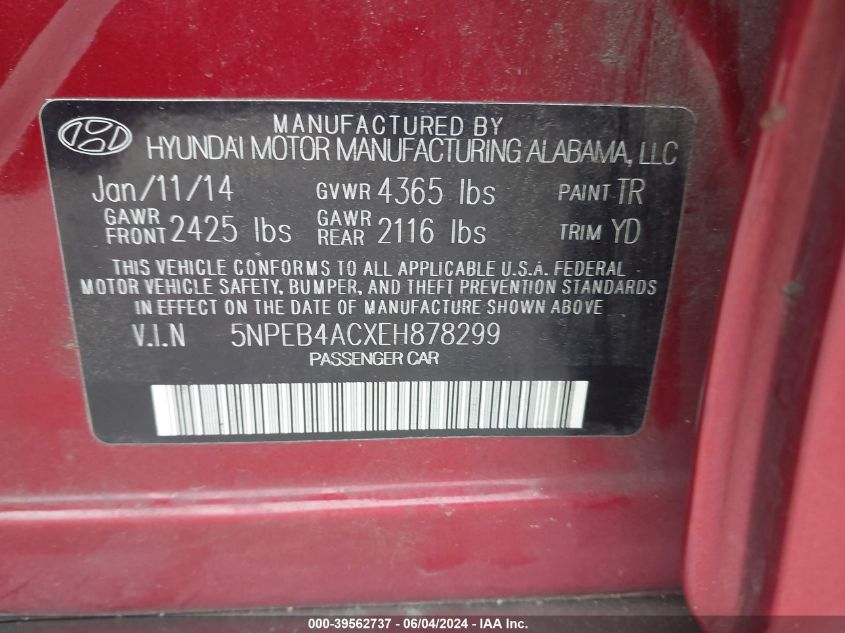5NPEB4ACXEH878299 2014 Hyundai Sonata Gls