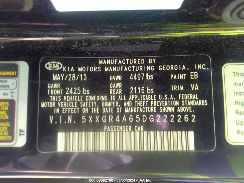 2013 Kia Optima Sx VIN: 5XXGR4A65DG222262 Lot: 39562760
