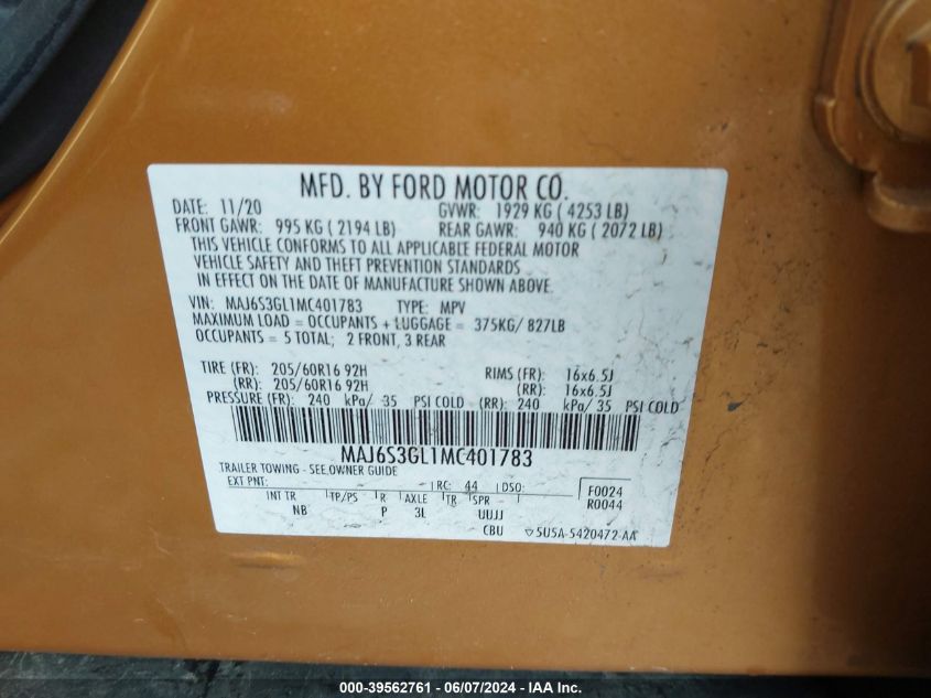 2021 Ford Ecosport Se VIN: MAJ6S3GL1MC401783 Lot: 39562761