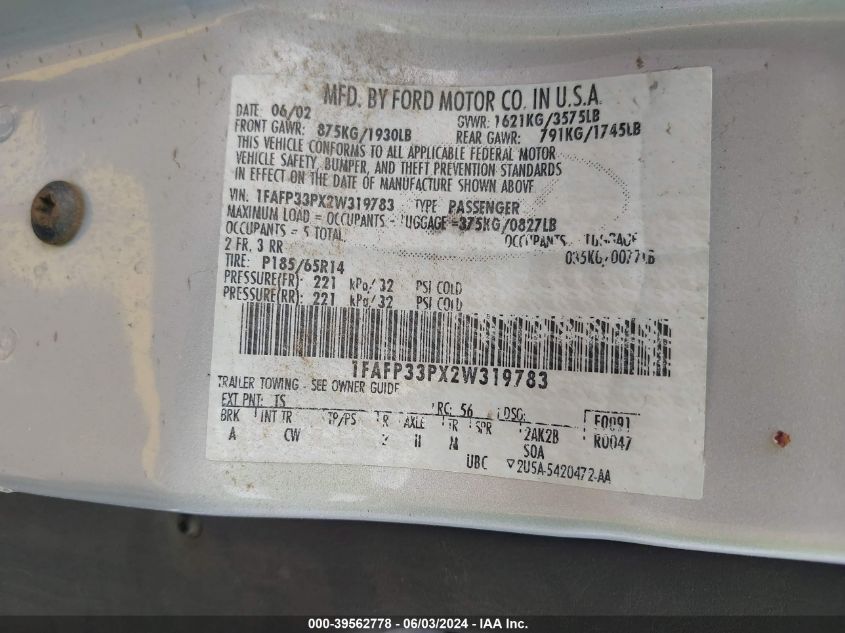 2002 Ford Focus Lx VIN: 1FAFP33PX2W319783 Lot: 39562778